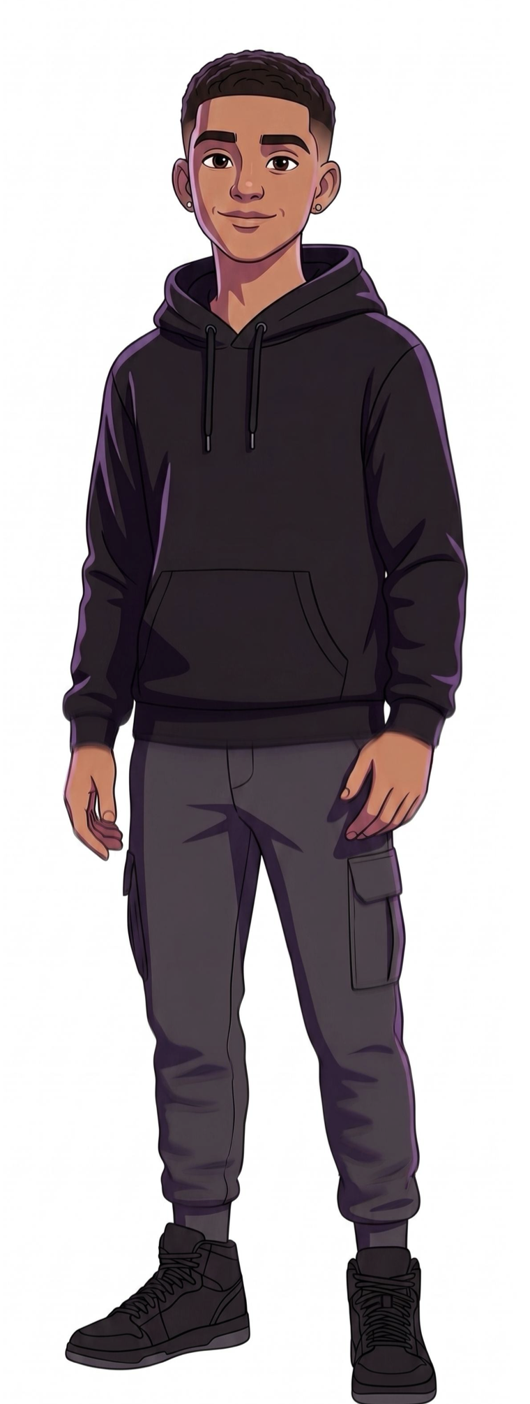 Illustration of Jordan Mills, an 18 year old in a black hoodie and grey cargo trousers