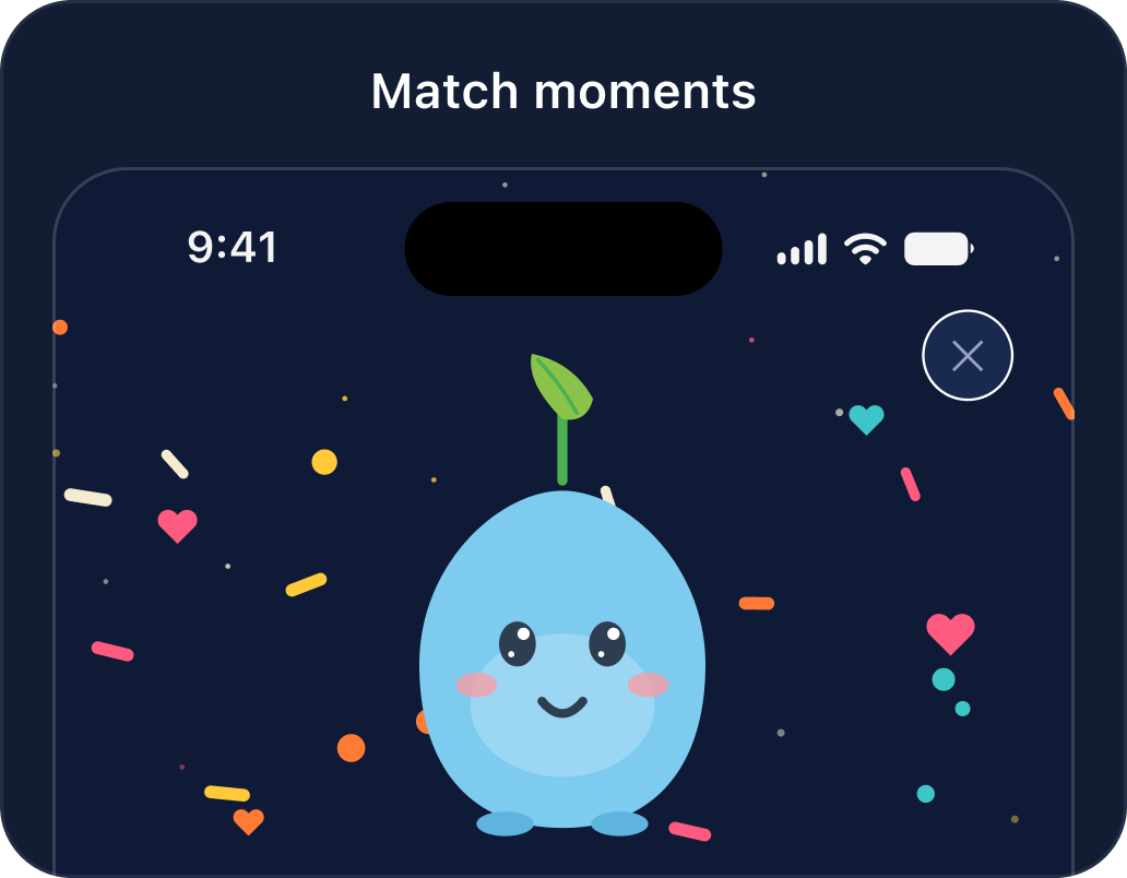 Celebration screen with the Sprout mascot and confetti after a job match